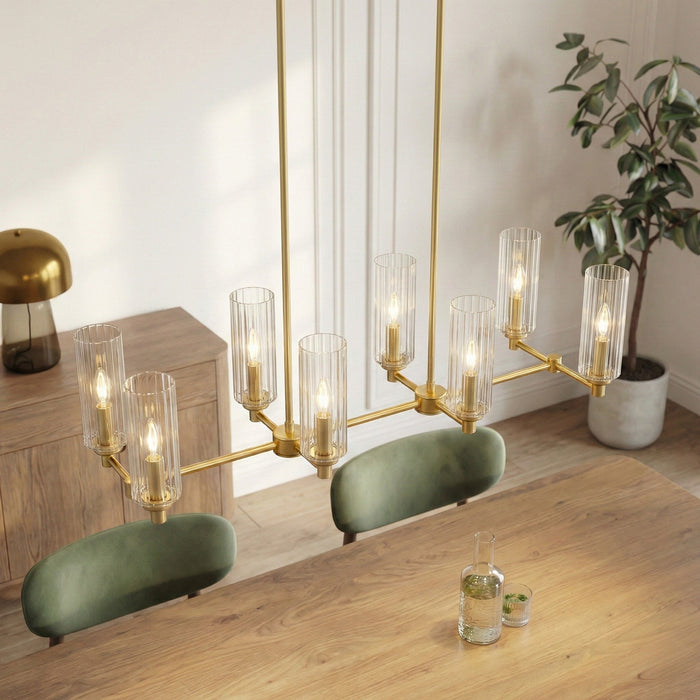 Willow - 8 Lights Island With Clear Ribbed Pendant Lamp Satin - Antique Brass / Clear / Gold Ashcroft Furniture
