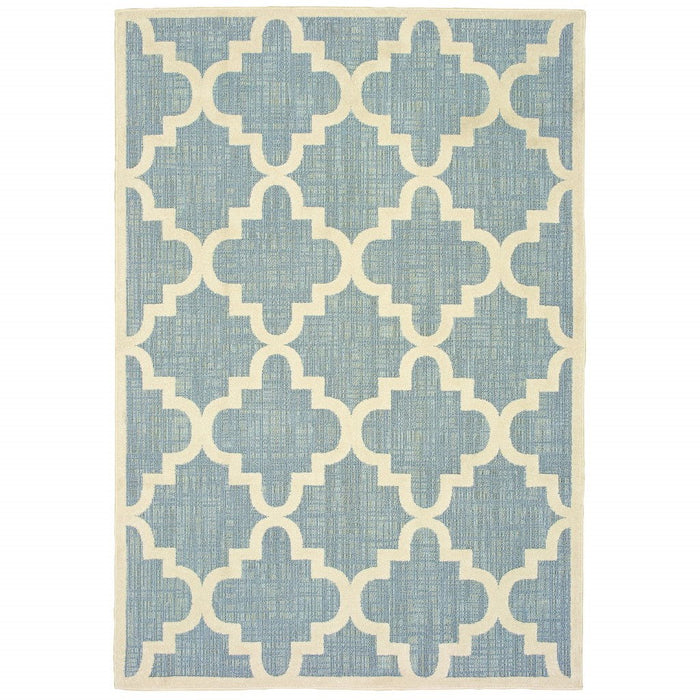 7' X 10' Moroccan Indoor / Outdoor Area Rug - Blue / Ivory