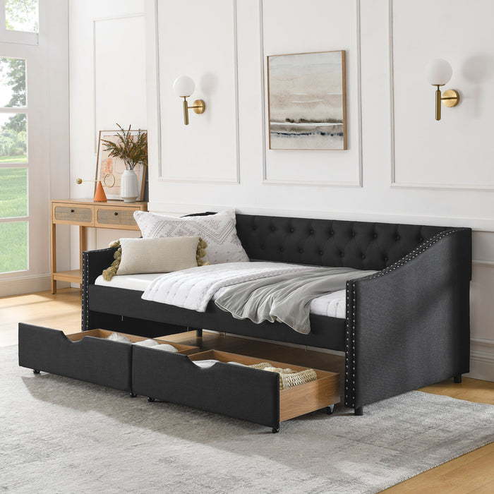 Upholstered Tufted Daybed With 2 Drawers, Waved Arms Home Essentials