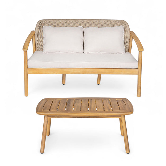 2 Piece Outdoor Acacia Wood Conversation Set, Woven Rope Backrest Patio Seating Group, Woven Rope With Coffee Table For Porch - Light Teak / Beige
