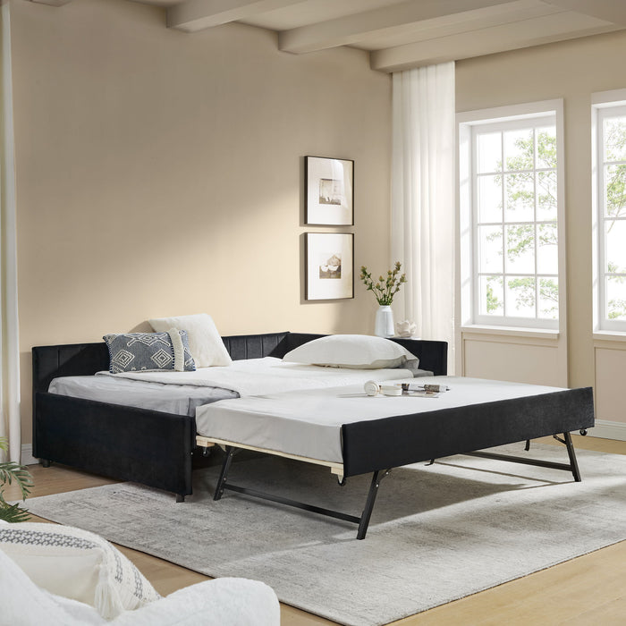 Full Size Upholstered Daybed With Trundle, Tufted Backrest And Armrests - Black Home Essentials