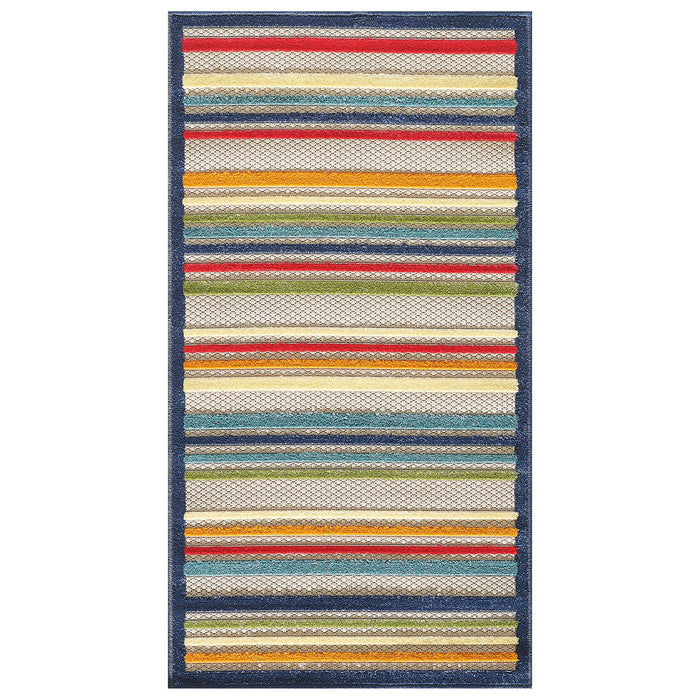 7' X 9' Striped Stain Resistant Indoor / Outdoor Area Rug - Ivory / Blue