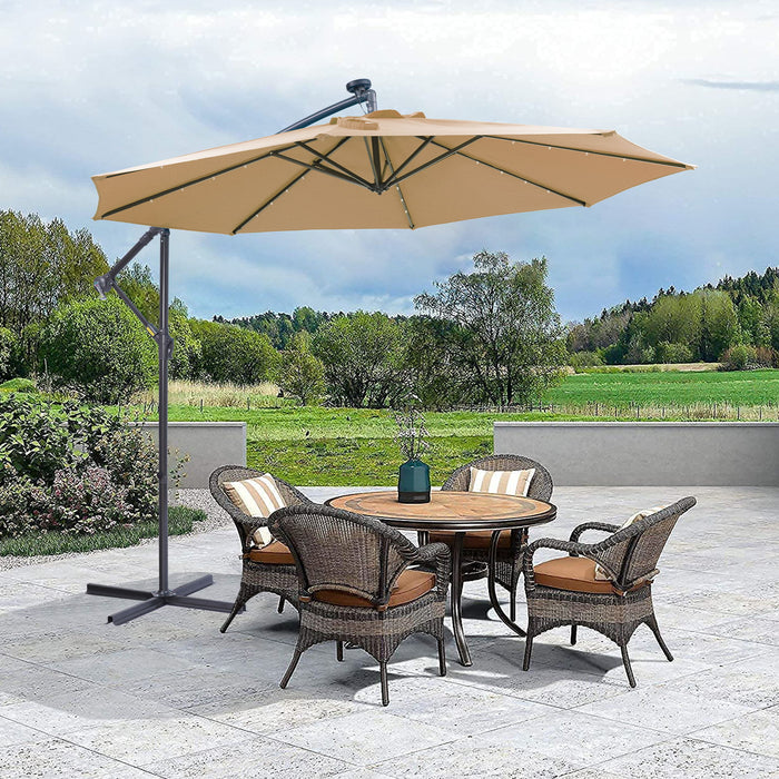 Outdoor Cantilever Patio Umbrella With 32 LED Lights 10 Ft Hanging Design Easy Open Adjustment Metal Frame - Taupe