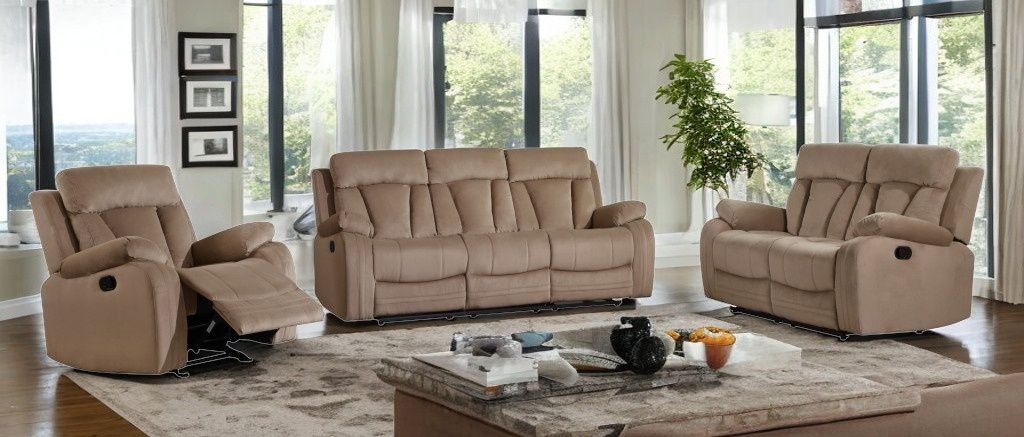 Three Piece Indoor Microsuede Indoor Six Person Seating Set - Beige