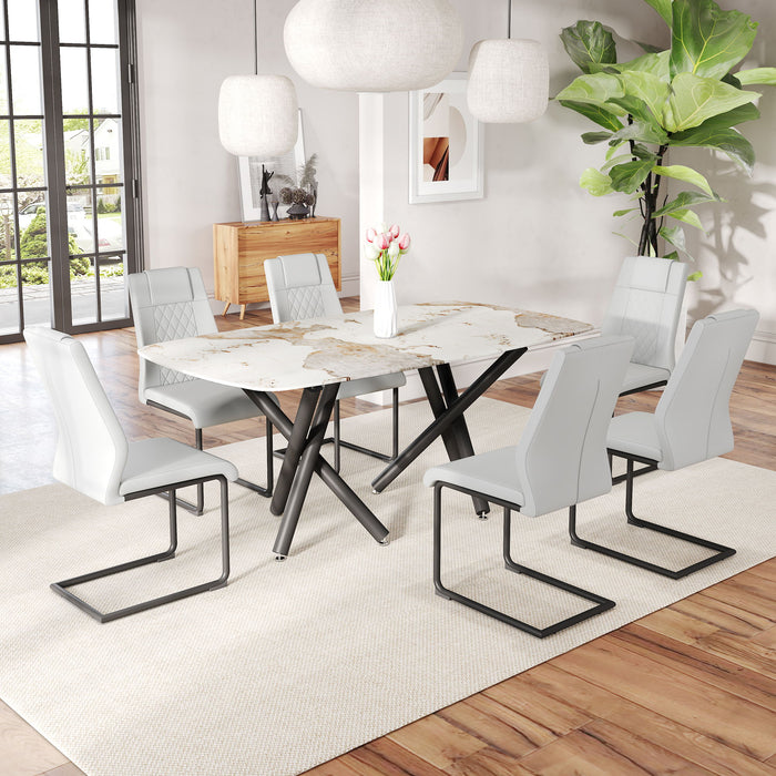 1 Table And 6 Chairs Set, A Rectangular Dining Table With A 0.39" Imitation Marble Tabletop And Black Metal Legs, Paired With 6 Chairs With PU Leather Seat Cushion And Black Metal Legs - Glass / Metal