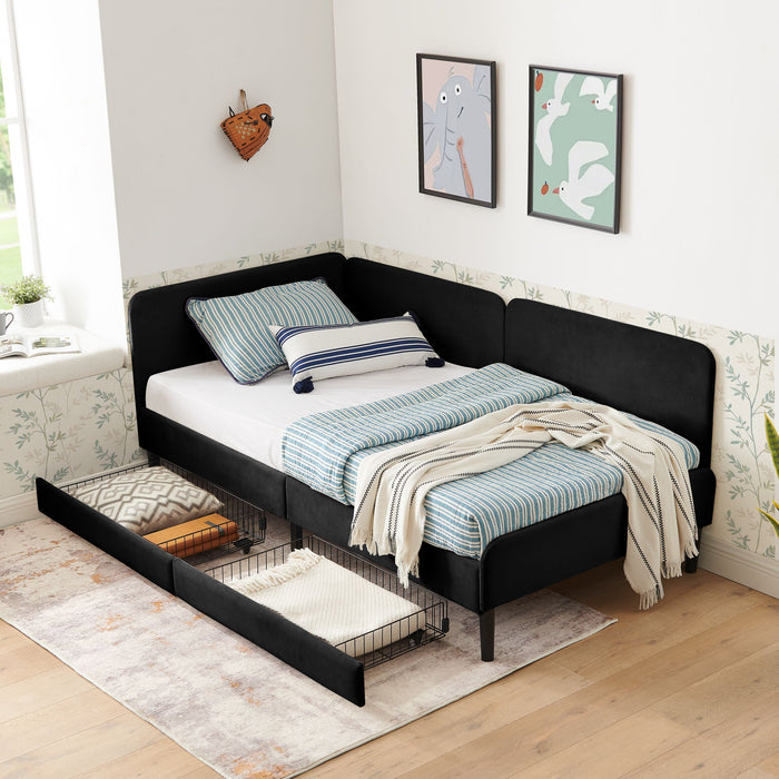 Upholstered Platform Bed Frame With 2 Storage Drawers And Adjustable Sofa Bed Home Essentials