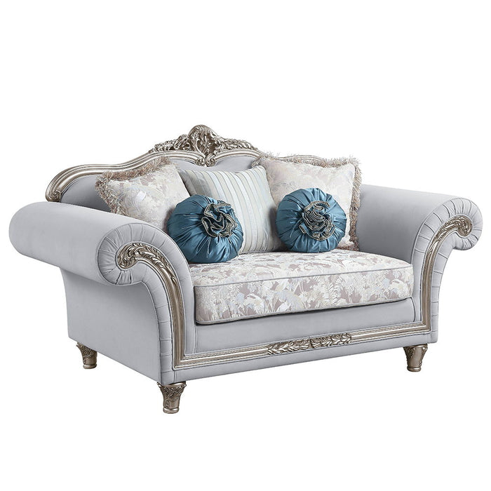 Pelumi - Loveseat With 5 Pillows - Light Gray Linen & Platinum ACME