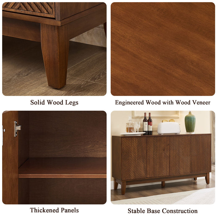 TV Stand With Carved Geometric Doors Storage Cabinet, 4 Door Media Console For Living Room - Walnut Home Essentials