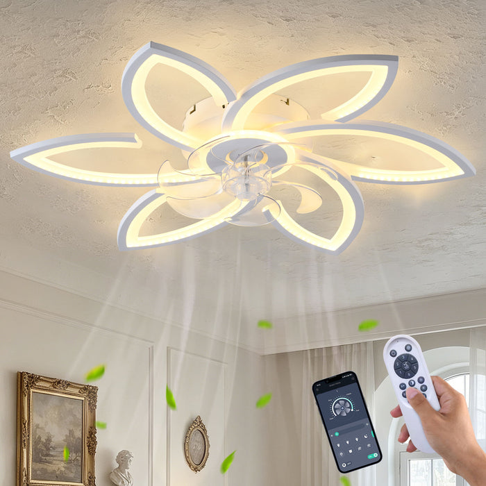 30" Flower 6 Speed Ceiling Fan With Remote Controlled LED Lights, Low Profile Flush Mount Fan Daily Nest