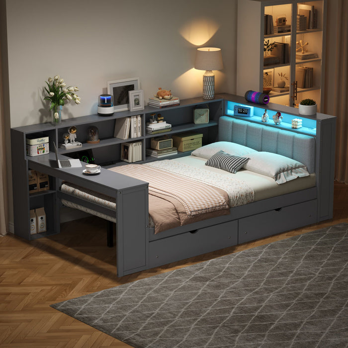 Platform Bed With Storage Shelves, Drawers, Charging Station, LED, Desk Hearth and Haven