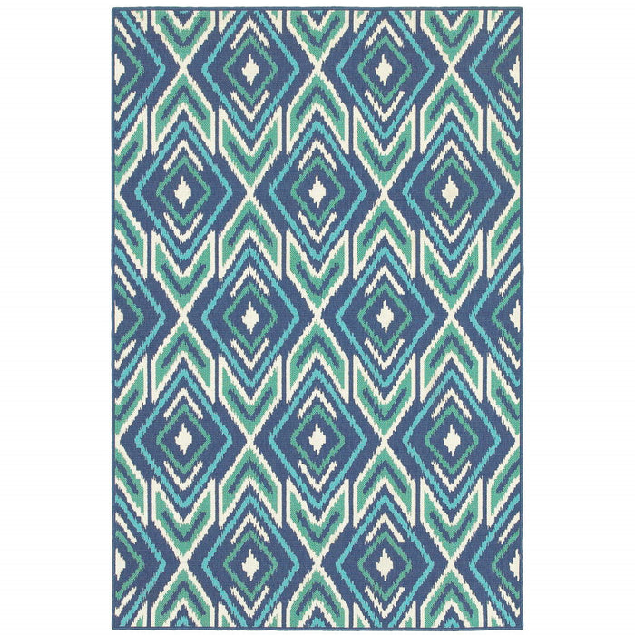 5' X 8' Geometric Stain Resistant Area Rug Indoor / Outdoor - Ivory / Blue