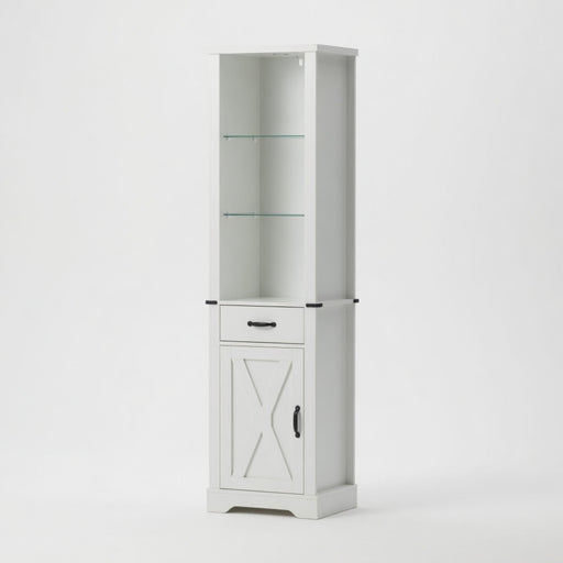 Pantry Cabinet With LED Lights And Barn Door With Tempered Glass Shelves - White Home Essentials