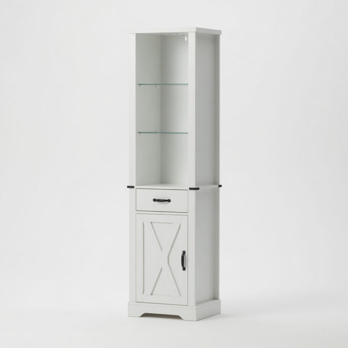 Pantry Cabinet With LED Lights And Barn Door With Tempered Glass Shelves - White Home Essentials