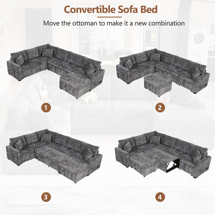 Sectional Sofa Pull-Out Sofa Bed Sleeper With A Storage Ottoman, Three Pillows And Charging Devices For Living Room