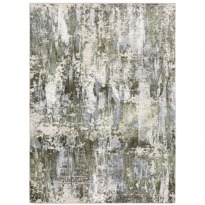 Abstract Power Loom Stain Resistant Area Rug - Green Blue Grey Ivory And Brown - 6' X 9'