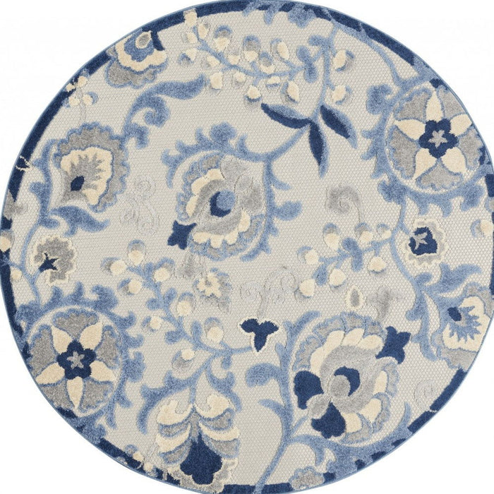 4' Round Round Floral Outdoor & Indoor Area Rug - Blue / Gray