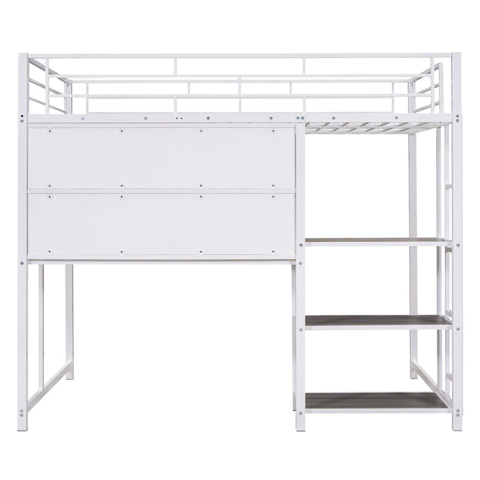 Loft Bed With Desk And Whiteboard, Metal Loft Bed With 3 Shelves And Ladder