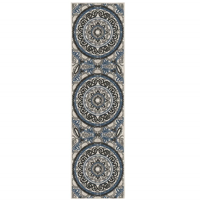 2' X 7' Geometric Stain Resistant Outdoor / Indoor Area Rug - Blue / Beige