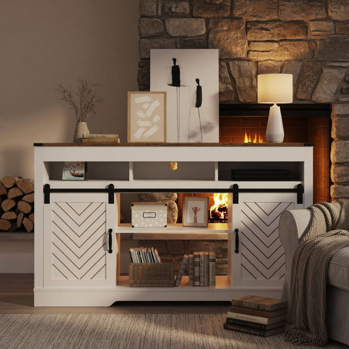 TV Stand With Sliding Barn Doors And Adjustable Storage - White / Oak Home Essentials