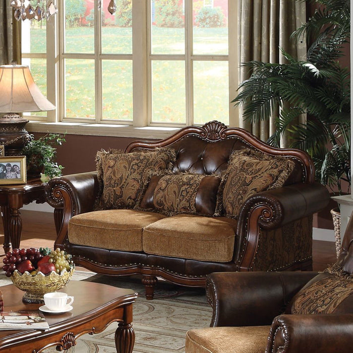 Dreena - Loveseat With 3 Pillows - Two Tone Brown Synthetic Leather & Chenille Cherry ACME