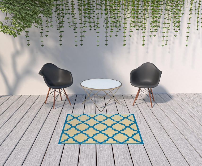 4' X 5' Geometric Stain Resistant Outdoor / Indoor Area Rug - Blue / Beige