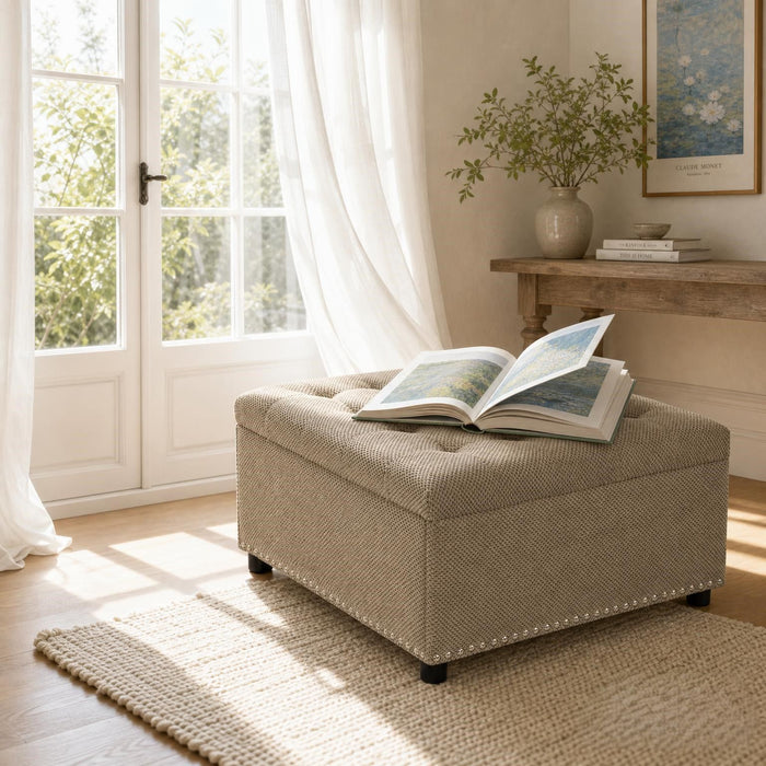 Square Tufted Storage Ottoman With Nailhead Trim Home Essentials