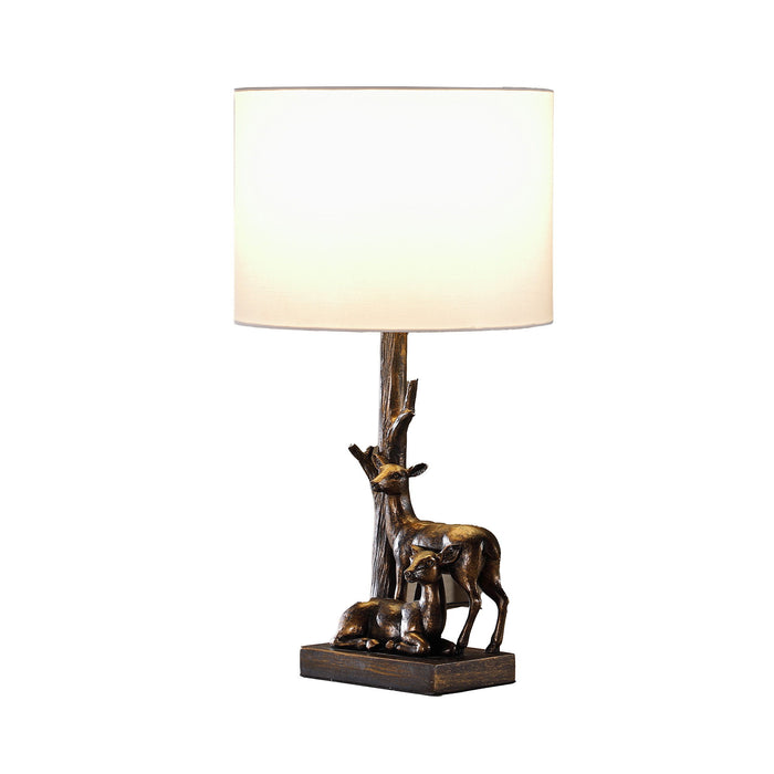 Mom And Baby Deer Table Lamp With White Drum Shade - Bronze