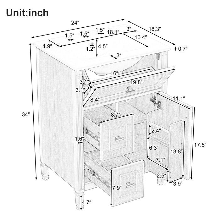 Bathroom Vanity With Sink, Flip Drawer, 2 Drawers, Adjustable Shelf Hearth and Haven