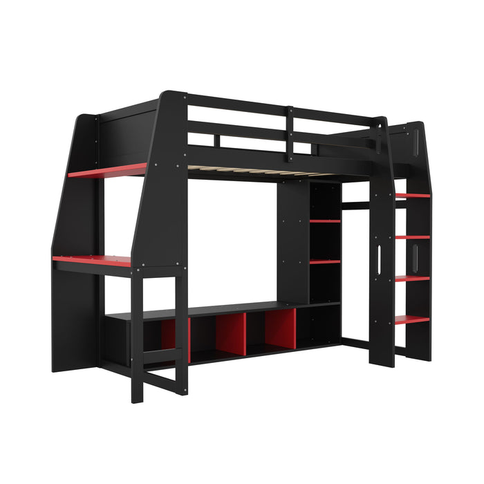 Gaming Loft Bed With Desk, Multi Storage Shelves, LED Lighting, And Hanging Clothes Rack Hearth and Haven