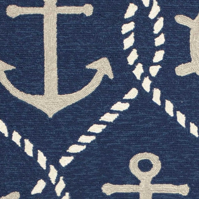 5' X 8' Hand Hooked UV Treated Nautical Indoor / Outdoor Area Rug - Navy Blue