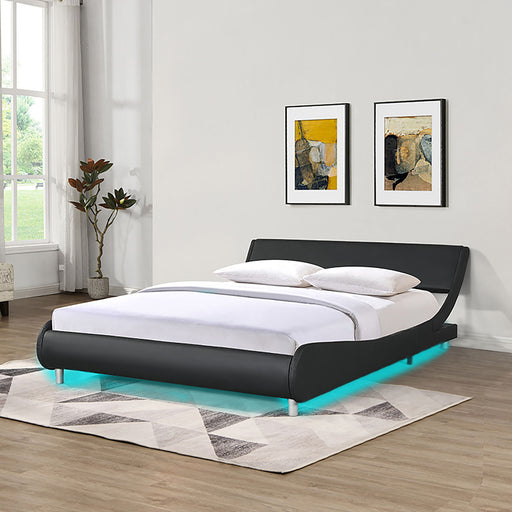 Queen Size Upholstered Platform Bed Frame With LED Lighting, Curve Design, Slat Support, No Box Spring Needed - Black Home Essentials