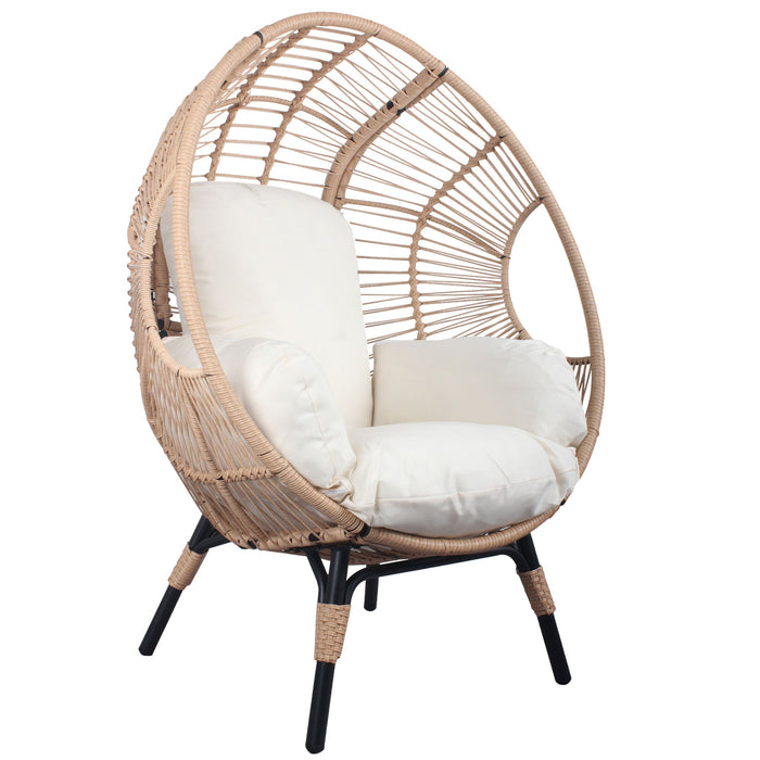 3 Pieces Patio Egg Chairs (Model 2) With Side Table Set, Natural Color PE Rattan And Beige Cushion
