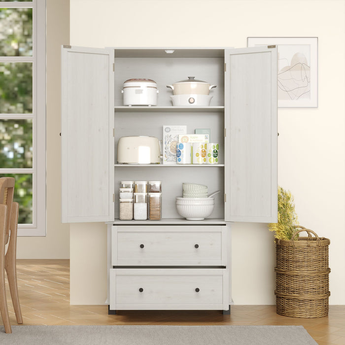 Kitchen Pantry Storage Cabinet With 2 Drawers And 3 Shelves, Minimalist Wood Large Storage Cabinet For Kitchen - Antique White