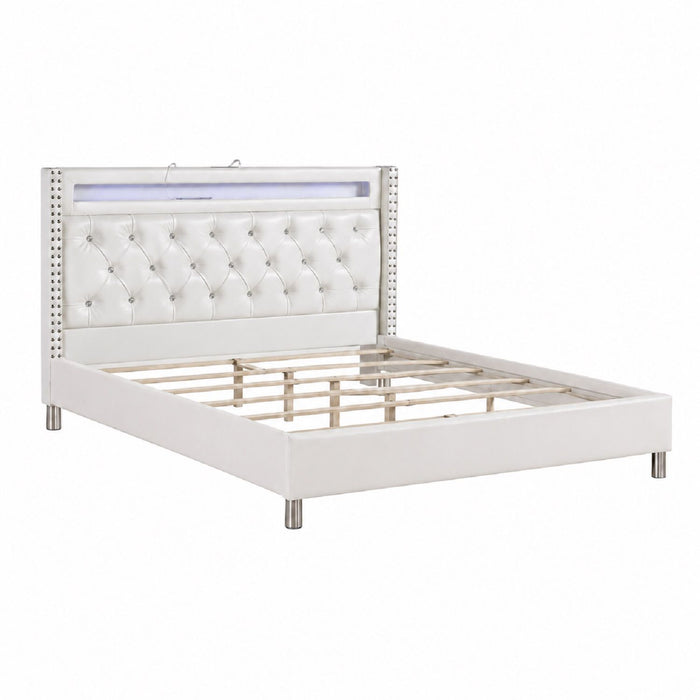 Modern Bed With LED Lights, Charging Port, Tufted Headboard Home Essentials