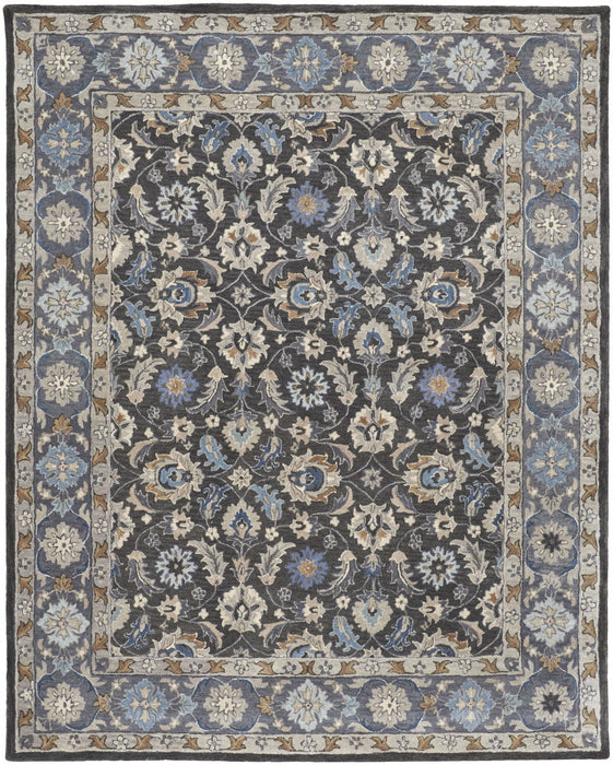 Floral Tufted Handmade Stain Resistant Area Rug - Taupe Blue And Ivory Wool - 9' X 12'
