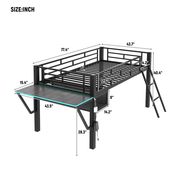 Modern Gaming Mid Loft Bed With Desk And LED Lights Dreamland