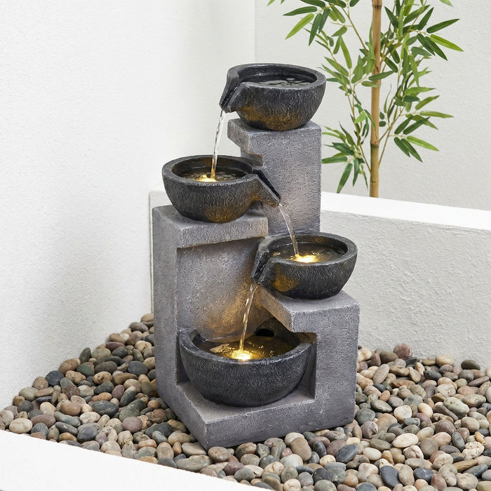 4 Tier Cascading Water Fountain With Warm LED Lights, Quiet Pump For Patio - Gray Daily Nest