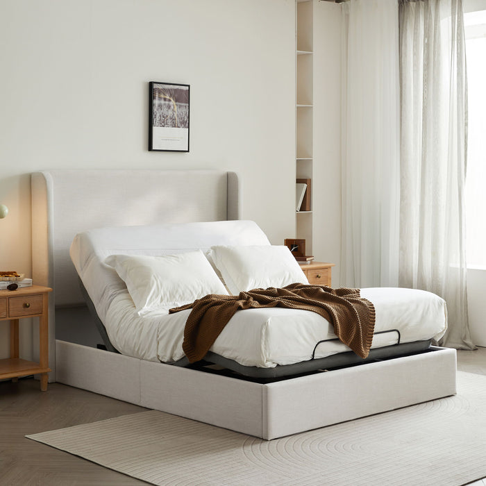 Caron - Queen Size Upholstered Wingback Bed With Adjustable Base Bundle Set - Ivory House & Home Furniture