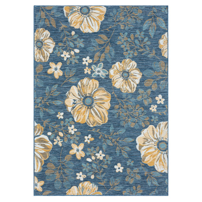 8' X 10' Floral Stain Resistant Indoor / Outdoor Area Rug - Blue White / Yellow