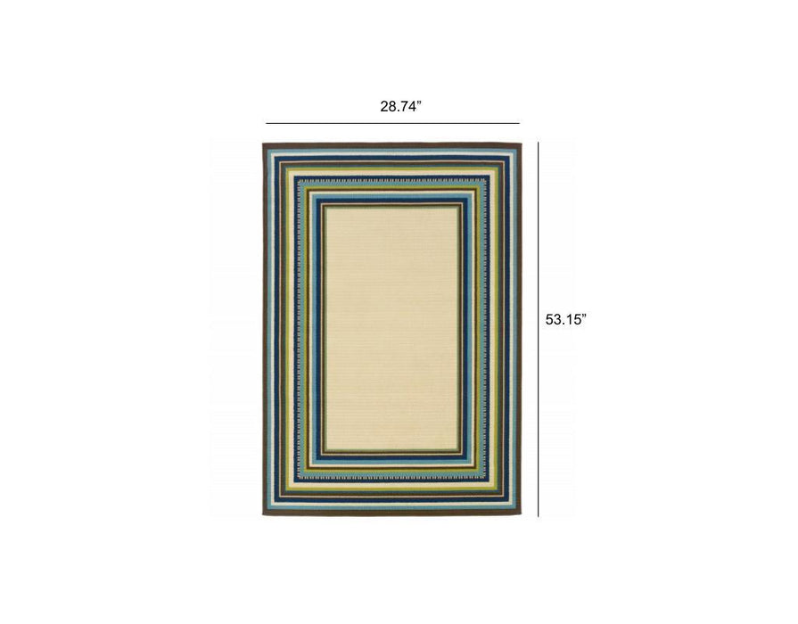 2' X 3' Striped Indoor / Outdoor Area Rug - Ivory / Blue