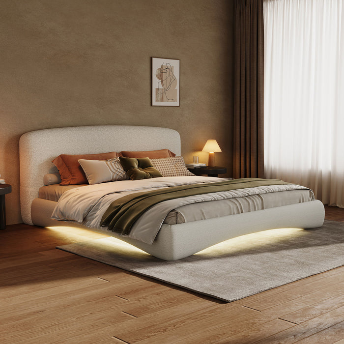 King Curved Upholstered Bed With Smart Ambient Lighting - Cream Noble House