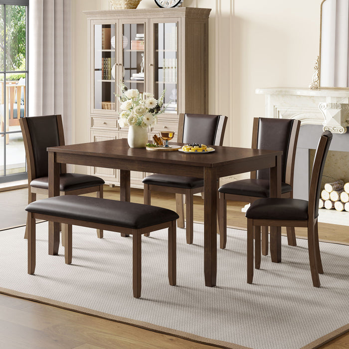 6 Piece Dining Table Set & Bench And Chairs For Dining Room - Dark Walnut Home Essentials