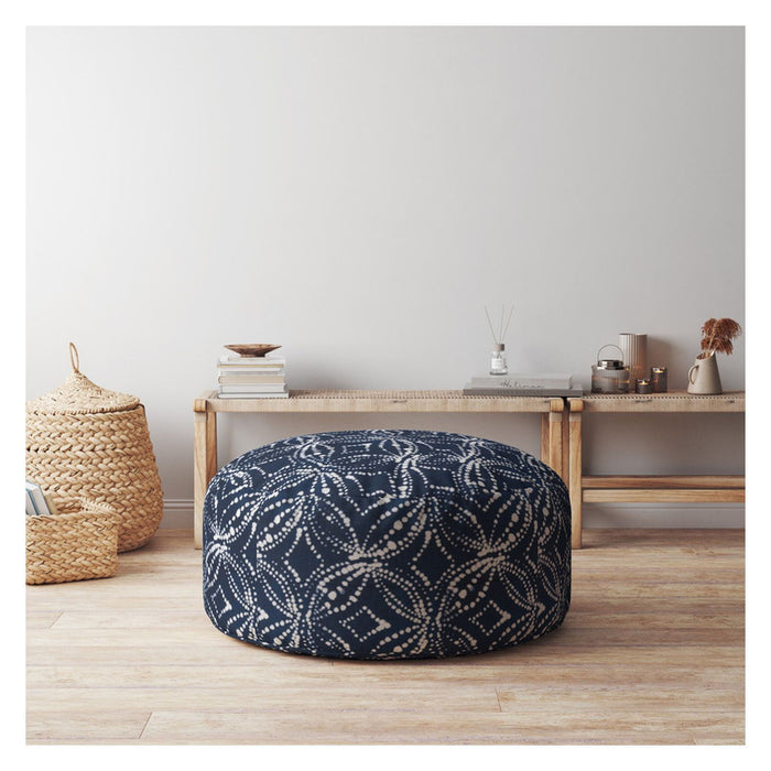 Canvas Round Damask Pouf Ottoman - Blue / White