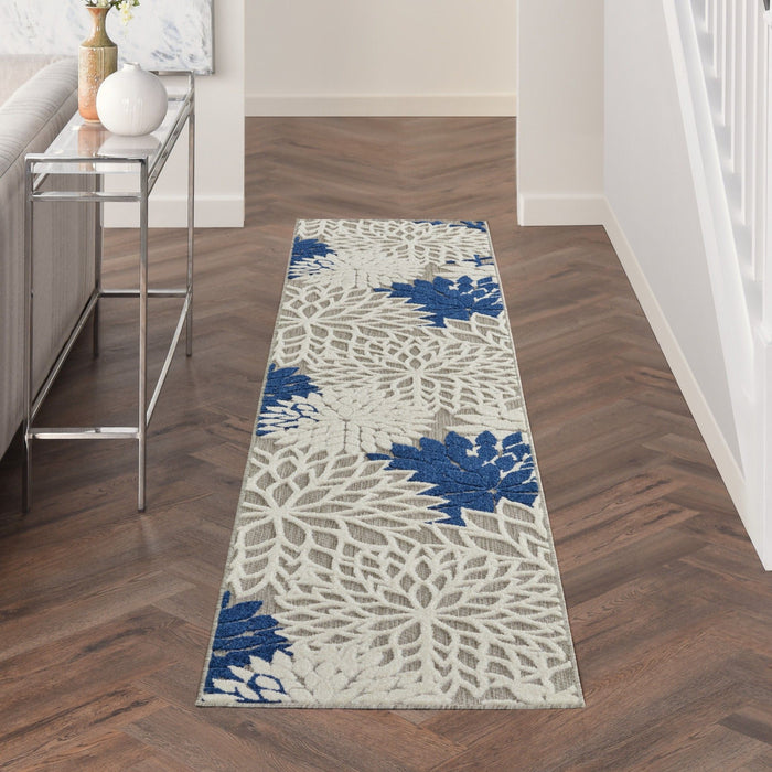 2' X 10' Floral Indoor & Outdoor Area Rug - Blue / Ivory