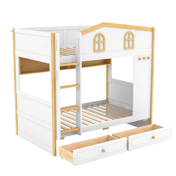 Twin Over Twin Bunk Bed With House Shaped Guardrails, Storage Shelves & Drawers - White / Natural Dreamland