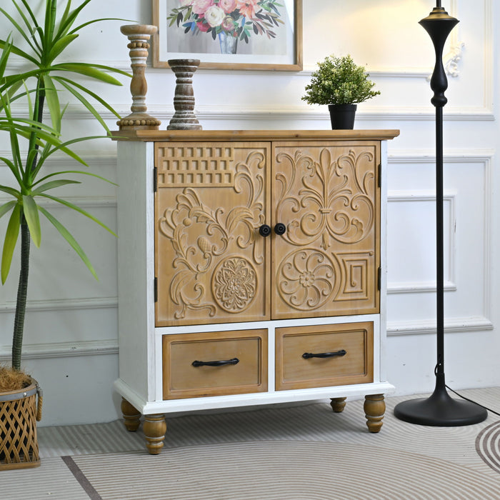 Accent Flower Carved Door Sideboard Cabinet With 2 Drawers For Kitchen - Natural Wood Wash / White Home Essentials