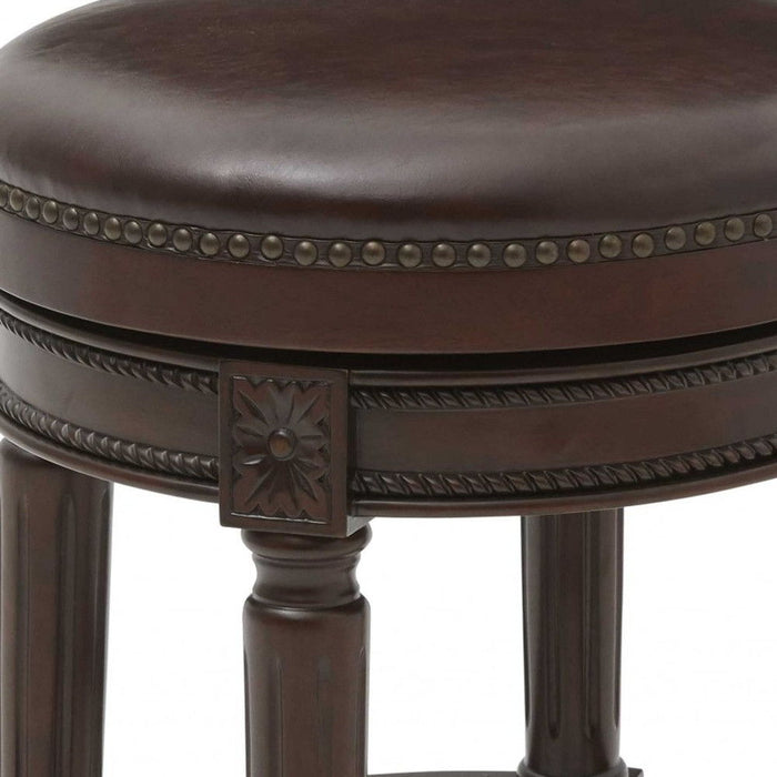 Brown Faux Leather Swivel Backless Counter Height Bar Chair - Dark Brown And Wood