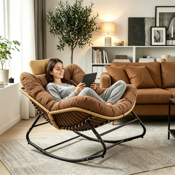 Oversized Papasan Rocking Chair Outdoor With Thick Cushion Home Essentials