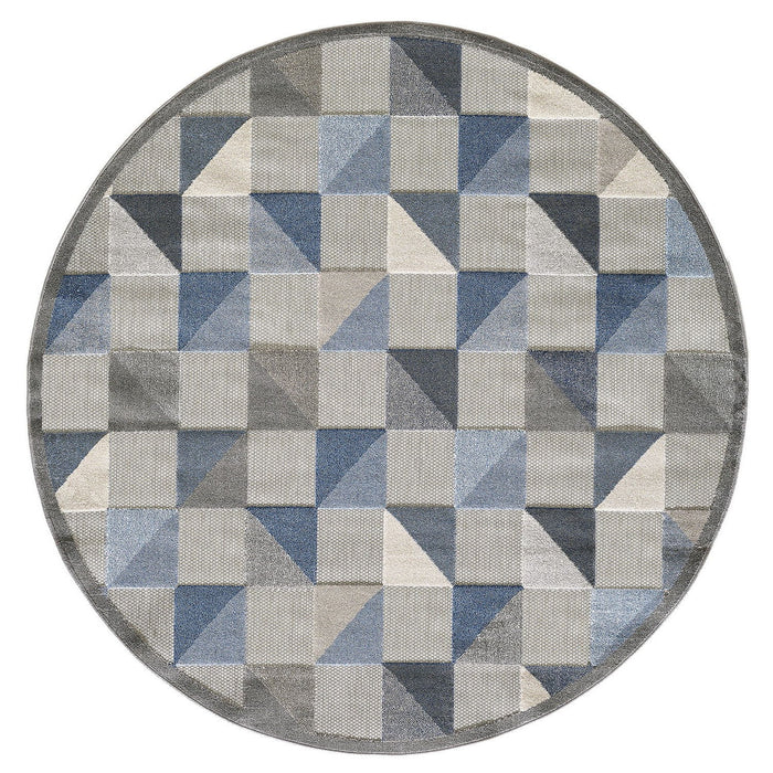 8' Round Round Geometric Stain Resistant Indoor / Outdoor Area Rug - Blue / Gray