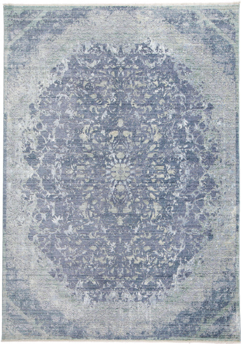Abstract Distressed Area Rug With Fringe - Blue, Gray And Silver - 5' X 8'
